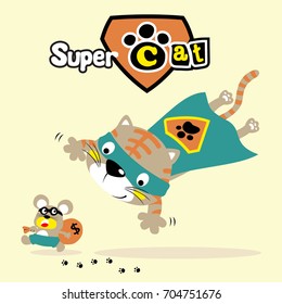 Vector cartoon of funny cat in superhero costume chasing criminal mouse