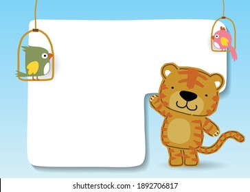 Vector cartoon of funny cat with two bird perch on bird swing on banner background