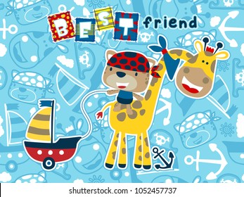 Vector cartoon of funny cat wearing bandana ride on giraffe's back while pull sailboat toy, pirate elements illustration