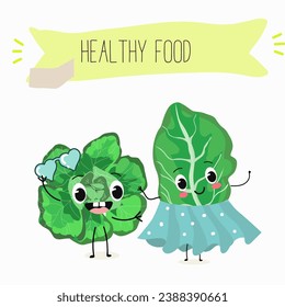 Vector cartoon funny character cute spinach character on a white background. Healthy food. 
Vegetarianism. Lettuce leaves. Sorrel.