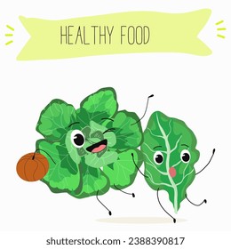 Vector cartoon funny character cute spinach character on a white background. Healthy food. 
Vegetarianism. Lettuce leaves. Sorrel.