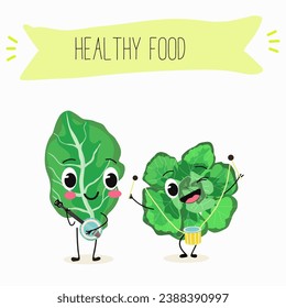 Caricatura vectorial personaje gracioso adorable espinaca en un fondo blanco. Alimentos saludables. 
Vegetarismo. Hojas de lechuga. Sorrel.