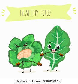 Vector cartoon funny character cute spinach character on a white background. Healthy food. 
Vegetarianism. Lettuce leaves. Sorrel.