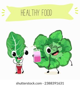 Vector cartoon funny character cute spinach character on a white background. Healthy food. 
Vegetarianism. Lettuce leaves. Sorrel.