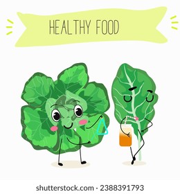 Caricatura vectorial personaje gracioso adorable espinaca en un fondo blanco. Alimentos saludables. 
Vegetarismo. Hojas de lechuga. Sorrel.