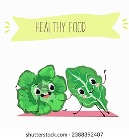 Vector cartoon funny character cute spinach character on a white background. Healthy food. 
Vegetarianism. Lettuce leaves. Sorrel.