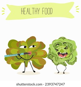 Vector cartoon funny character cute character buttery half head lettuce, analotta, buttery salad. Healthy food.
Vegetarianism. Lettuce leaves.