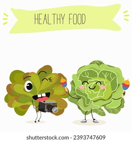 Vector cartoon funny character cute character buttery half head lettuce, analotta, buttery salad. Healthy food.
Vegetarianism. Lettuce leaves.