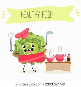 Vector cartoon funny character cute character buttery half head lettuce, analotta, buttery salad. Healthy food.
Vegetarianism. Lettuce leaves.