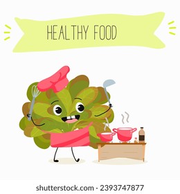 Vector cartoon funny character cute character buttery half head lettuce, analotta, buttery salad. Healthy food.
Vegetarianism. Lettuce leaves.