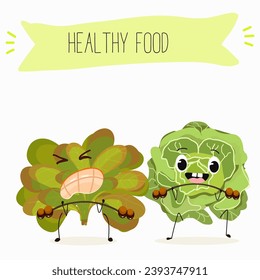 Vector cartoon funny character cute character buttery half head lettuce, analotta, buttery salad. Healthy food.
Vegetarianism. Lettuce leaves.