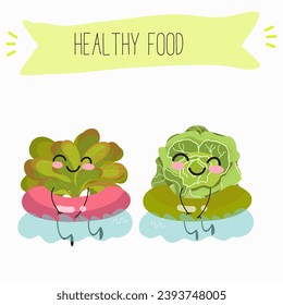 Vector cartoon funny character cute character buttery half head lettuce, analotta, buttery salad. Healthy food.
Vegetarianism. Lettuce leaves.