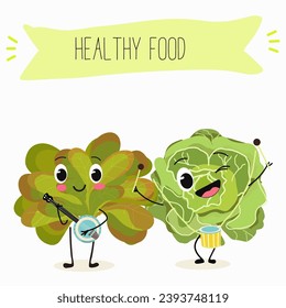 Vector cartoon funny character cute character buttery half head lettuce, analotta, buttery salad. Healthy food.
Vegetarianism. Lettuce leaves.