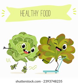 Vector cartoon funny character cute character buttery half head lettuce, analotta, buttery salad. Healthy food.
Vegetarianism. Lettuce leaves.