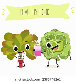 Vector cartoon funny character cute character buttery half head lettuce, analotta, buttery salad. Healthy food.
Vegetarianism. Lettuce leaves.