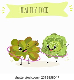 Vector cartoon funny character cute character buttery half head lettuce, analotta, buttery salad. Healthy food.
Vegetarianism. Lettuce leaves.