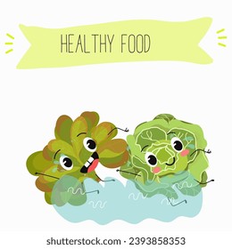 Vector cartoon funny character cute character buttery half head lettuce, analotta, buttery salad. Healthy food.
Vegetarianism. Lettuce leaves.