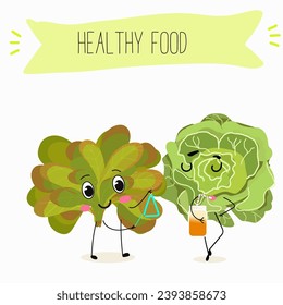 Vector cartoon funny character cute character buttery half head lettuce, analotta, buttery salad. Healthy food.
Vegetarianism. Lettuce leaves.