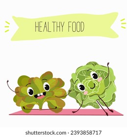 Vector cartoon funny character cute character buttery half head lettuce, analotta, buttery salad. Healthy food.
Vegetarianism. Lettuce leaves.