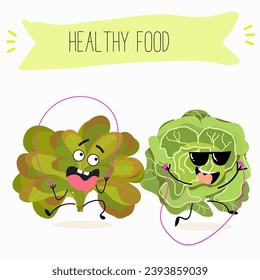 Vector cartoon funny character cute character buttery half head lettuce, analotta, buttery salad. Healthy food.
Vegetarianism. Lettuce leaves.