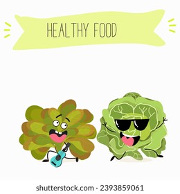 Vector cartoon funny character cute character buttery half head lettuce, analotta, buttery salad. Healthy food.
Vegetarianism. Lettuce leaves.