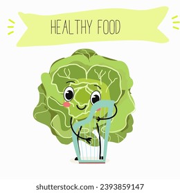 Vector cartoon funny character cute character buttery half head lettuce, analotta, buttery salad. Healthy food.
Vegetarianism. Lettuce leaves.