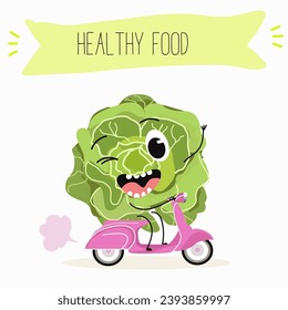 Vector cartoon funny character cute character buttery half head lettuce, analotta, buttery salad. Healthy food.
Vegetarianism. Lettuce leaves.