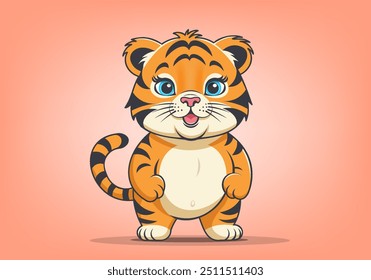 Vector cartoon funny cheerful smiling friendly chubby baby tiger cub. Striped plump little animal. Peachy background.