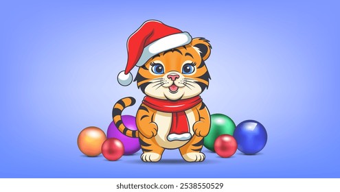 Vector cartoon funny cheerful smiling friendly chubby baby tiger cub in scarf and Santa Claus hat. Striped plump little african animal. Toy glass color balls. Merry Christmas and Happy new year.