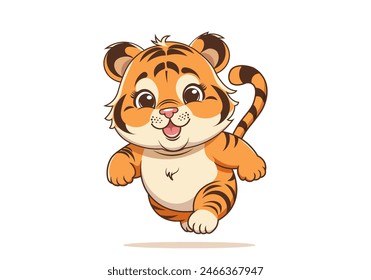 Vector cartoon funny chubby smiling running happy overweight young tiger cub. Sticker wild feline. Sports kind friendly animal. Isolated white background.