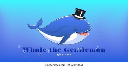 Vetor cartoon engraçado gordinho sorrindo bom baleia cavalheiro em chapéu preto. Toon enorme mamífero do mar. Divertido cetáceo animal gordo. Bolhas subaquáticas