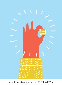 Vector cartoon funny colorful illustration of human hand holding golden pile of coin. Need for money concept in modern style.