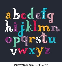 Vector cartoon funny colorful letters font. Hand drawn lowercase ABC on dark background