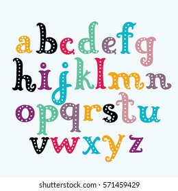 Vector cartoon funny colorful letters font. Hand drawn lowercase ABC