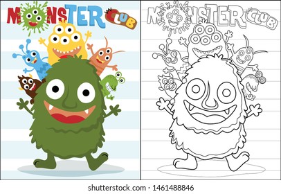 Vector cartoon of funny colorful monsters, coloring book or page