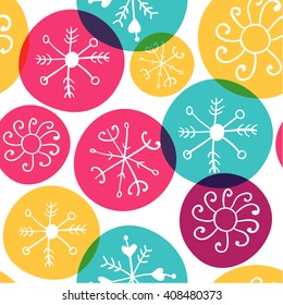 Vector cartoon funny colorful snowflake background seamless pattern template
