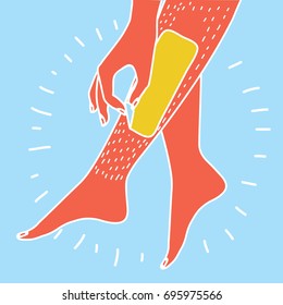 Vector cartoon funny comic colorful illustration of Depilation Woman doing depilation legs with a wax or sugaring strip.