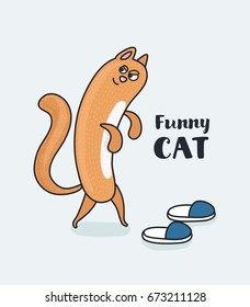 Vector cartoon funny comic illustration of bad red cat is plotting to shit in your sippers footwear and spoils it. For print or poster