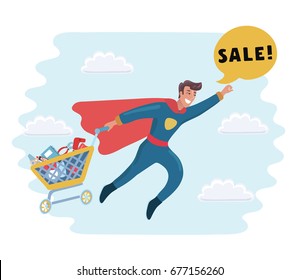 Vector cartoon funny comic illustration of superhero sale. Young happy man in costume smiling and fly up with supermarket trolley full of goods fly in sky. Bubble speech with word sale