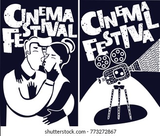 Vector cartoon funny comic illustration of cinema festival poster with old fashioned movie camera ans kissing copule. Can used for banner, poster, web page, back