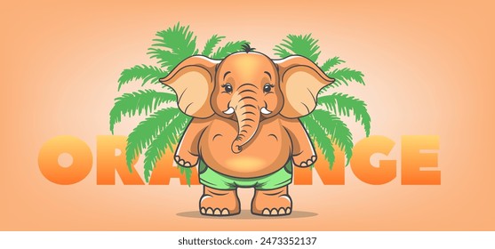 Vector cartoon funny comical cute chubby standing orange elephant in green shorts. Obese African animal. Sticker. Bright zoo and Palm leaves.