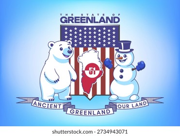 Dibujos animados de Vector divertido cómic de ficción escudo de armas del estado de Groenlandia. Escudo de rayas estrelladas. Lindo oso polar sonriente alegre y muñeco de nieve. Mapa del norte, bandera y cinta. Antigua nuestra tierra