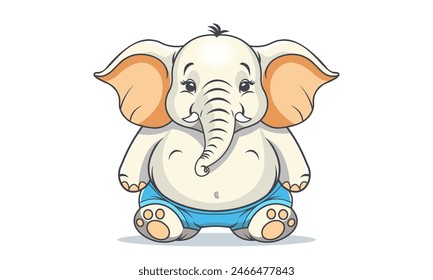 Vector cartoon funny comical good-natured chubby sitting elephant in shorts. Obese African animal. Sticker. White isolated background.