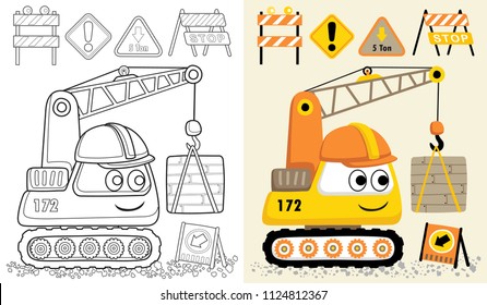 Vector cartoon of funny construction vehicle with construction element. Coloring book or page