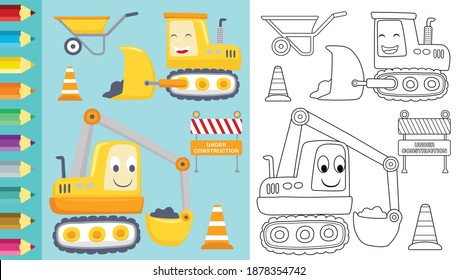 Vector cartoon of funny construction vehicles, construction elements, coloring book or page