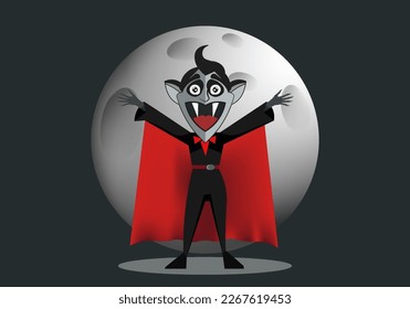 Vector cartoon funny Count Dracula with big head and fangs, red cape and outstretched arms on the background of the moon.