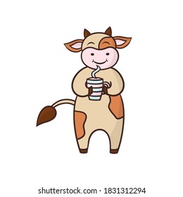 Vector cartoon funny cow drinking coffee or tea, symbol of 2021