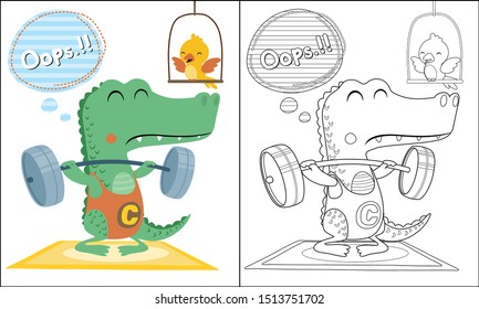 Vector cartoon of funny crocodile lifting barbell, bird on a perch, coloring page or book