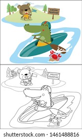 Vector cartoon of funny crocodile on canoe in river, crab on stone, bear sitting on riverside, coloring book or page