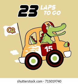 vector cartoon of funny crocodile on racing car